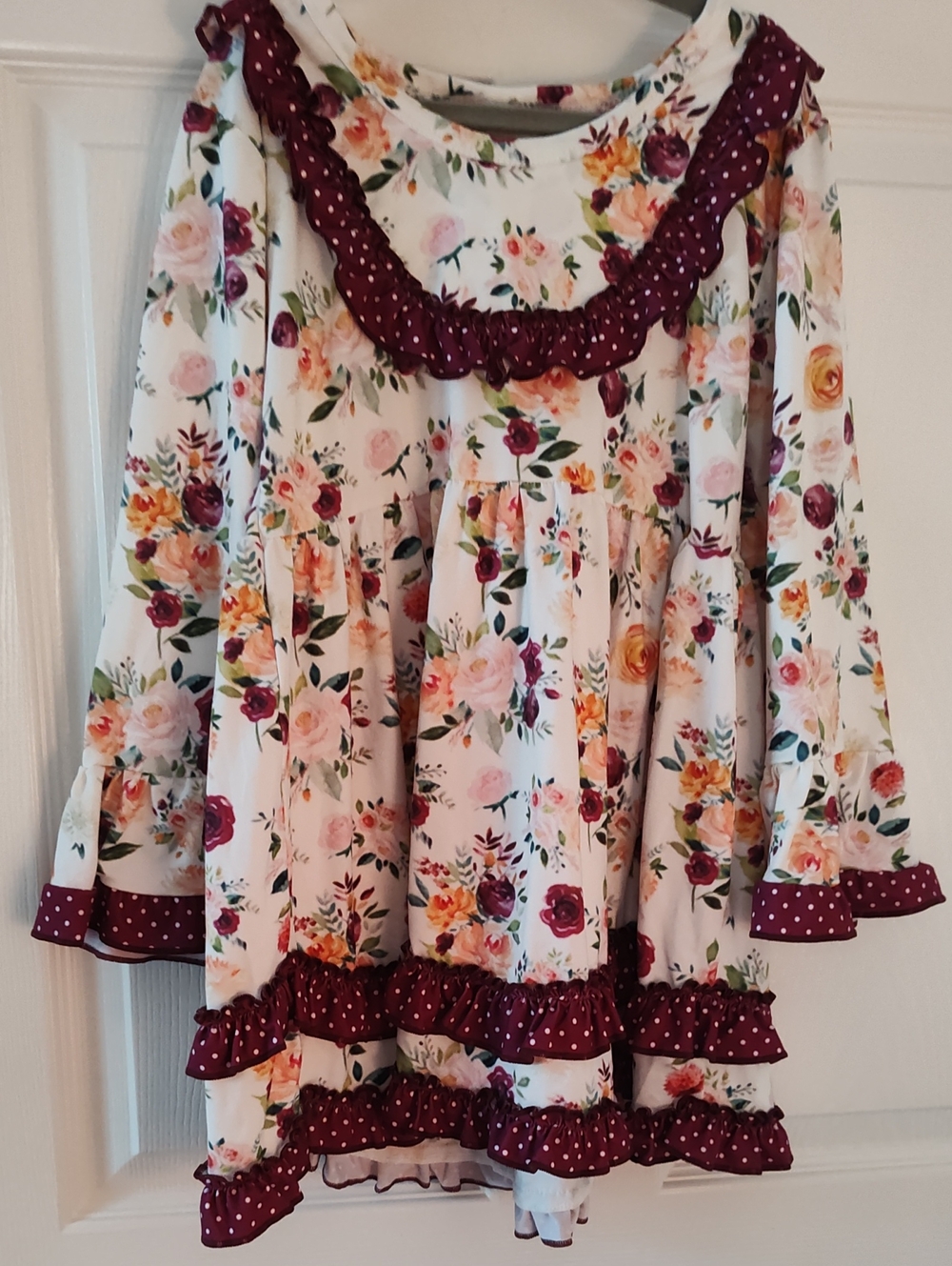 White Floral Long-Sleeve Dress with Burgundy Polka Ruffle